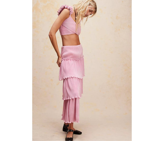 New Free People Saylor Gianna Midi Skirt Set $308 X-SMALL Pink Metallic Crop Top - Picture 2 of 5
